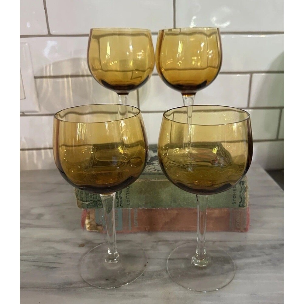 4 Antique Handblown Amber Crystal Clear Stem Wine Champagne Glasses Goblets